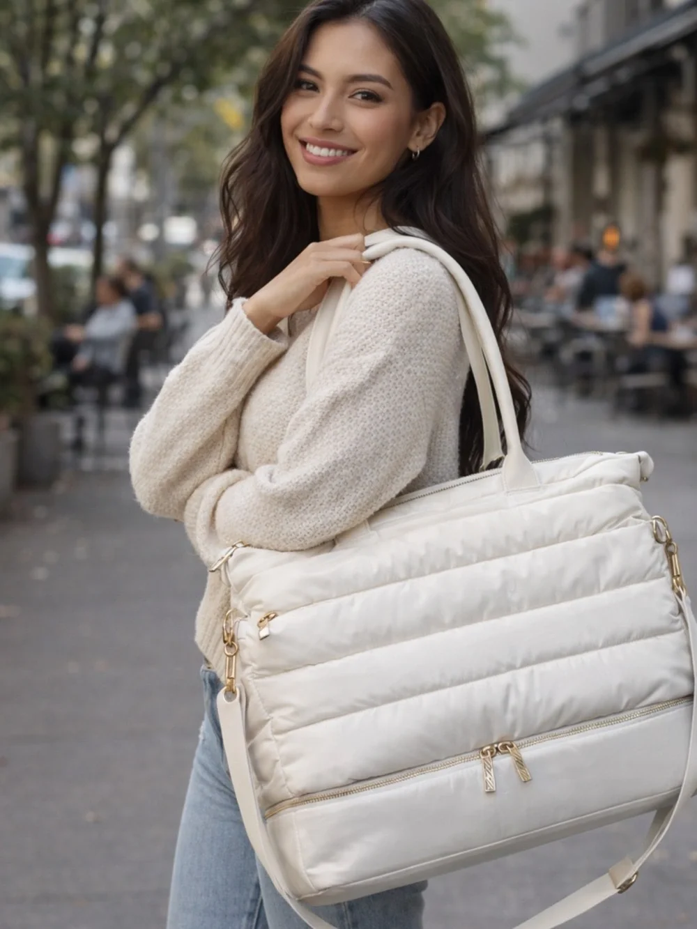 Quilted Puffer Tote Bag in Ivory - Women Bags